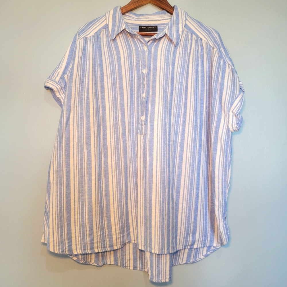 Lane Bryant Blue and White Striped Blouse 
Runs large